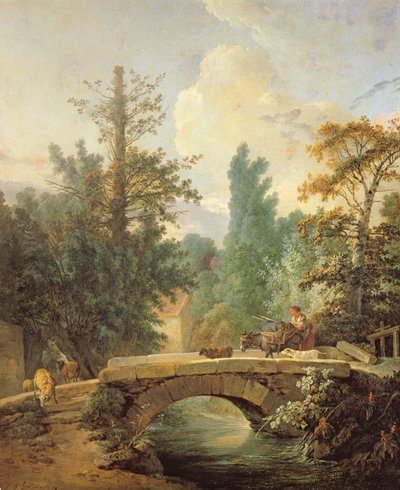 Bonde og hendes æsel krydser en bro, 1775 af Jean Baptiste Huet