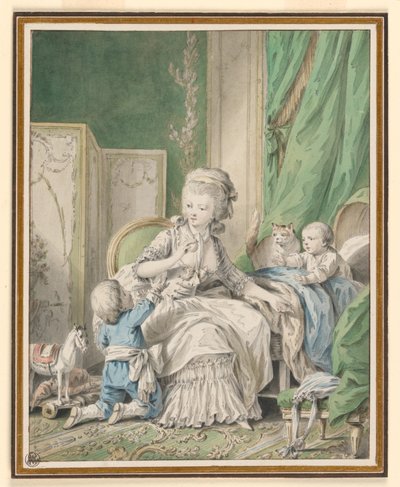 Tegning, Mor og to børn i et boudoir, muligvis 1782 af Jean Baptiste Huet