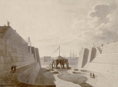 Tørdok i Cherbourg, juli 1813 (pen, blæk og wc på papir) af Jean Baptiste Isabey