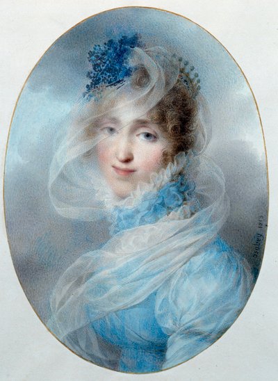 Portræt af dronning Hortense de Beauharnais (1783-1837) Hun er datter af imponen Josephine de Beauharnais og mor til den kommende Napoleon III. Akvarel af Jean Baptiste Isabey (1767-1855) 1813 Søn. 0,13x0,95 m Malmaison, musee du chateau af Jean Baptiste Isabey