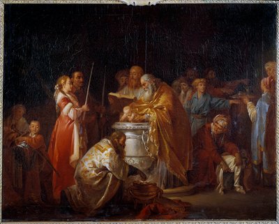 Russisk dåb En ortodoks pave døber et barn foran sine forældre. Maleri af Jean Baptiste Leprince (1733-1781) 1765 søn. 0,73x0,92 m af Jean Baptiste Leprince