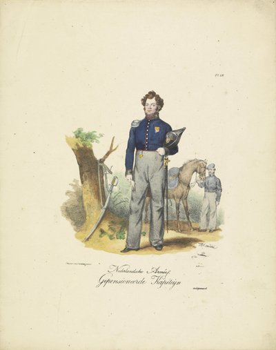 Pensioneret kaptajn, 1820-1825 Nederlandsche Armée, pensioneret Kapiteyn (titel på objekt) Militære kostumer af Kongeriget Holland. Dedikeret til Hans Excellence Willem van Bylandt (serietitel på objekt) af Jean Baptiste Madou