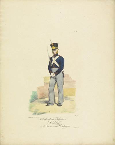 Soldatgarnisonskompagni, 1820-1825 Hollandsk infanterisoldat fra Garnisonskompagniet (titel på objekt) Militære kostumer af Kongeriget Holland. Dedikeret til Hans Excellence Willem van Bylandt (serietitel på objekt) af Jean Baptiste Madou