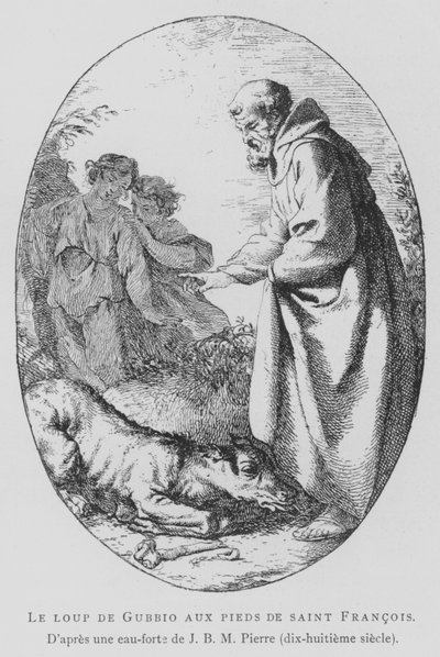 Ulven af Gubbio ved fødderne af den hellige Frans af Assisi (litho) af Jean Baptiste Marie (after) Pierre