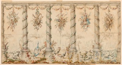 Tegning, projekt til billedtæppe dedikeret til livet på landet, 1780-95 af Jean Baptiste Marie Huet