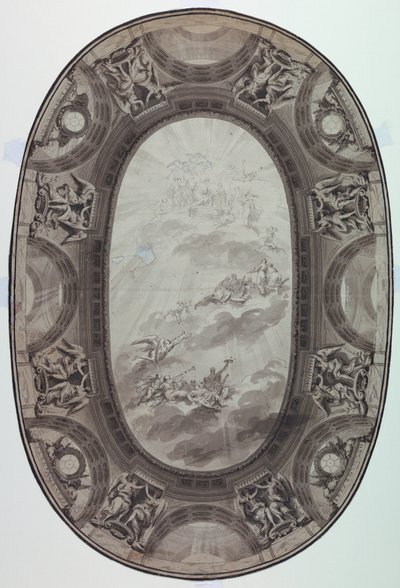 Tegning, Projekt til den malede udsmykning af loftet i en sal (malet ovalt loft), 1761 af Jean Baptiste Marie Pierre