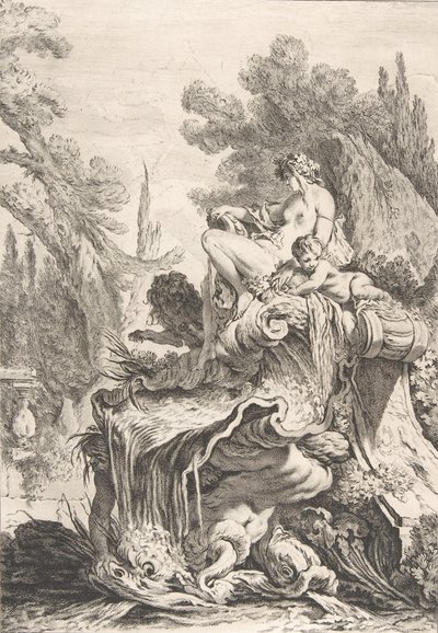 Den siddende nymfe En fontæne med en najade siddende på en konkylie, ca. 1740. af Jean Baptiste Marie Pierre