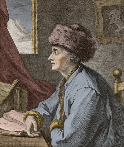 Jean Jacques Rousseau fransk forfatter og filosof på Neufchatel i 1765 graveret af J.B. Michel - Portræt af Jean-Jacques Rousseau (Jean Jacques) en Neuf Chatel i 1765 gravering af J.B. Michel af Jean Baptiste Michel