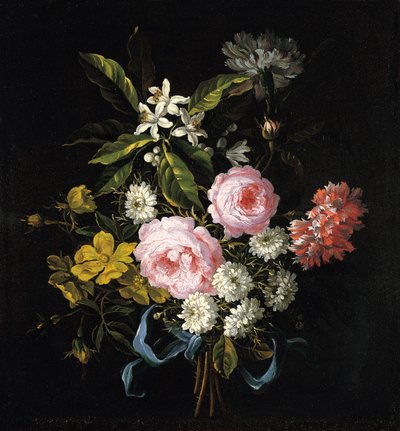 Buket af kamille, roser, appelsinblomster og nelliker bundet med et blåt bånd af Jean Baptiste Monnoyer