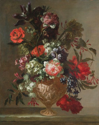 Stilleben af blomster i en skulptureret vase af Jean Baptiste Monnoyer