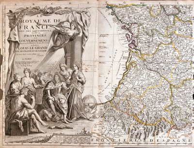 Kort over Guyenne og Gascogne, med et portræt af Ludvig XIV (1638-1715) omgivet af allegoriske karakterer af Jean Baptiste Nolin