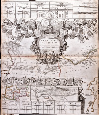 Kort over Canal du Midi med dens akvædukter (gravering af Jean Baptiste Nolin