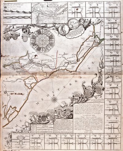 Kort over Canal du Midi med dens akvædukter (gravering af Jean Baptiste Nolin