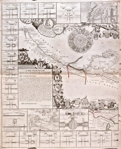 Kort over Canal du Midi med dens akvædukter (gravering af Jean Baptiste Nolin