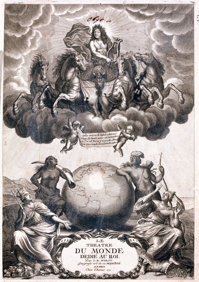 Portræt af Ludvig XIV, flyvende over en jordklode, titelblad (gravering af Jean Baptiste Nolin