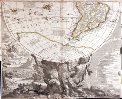 To mænd støtter det jordiske væk, med kortet over Sydamerika (radering af Jean Baptiste Nolin