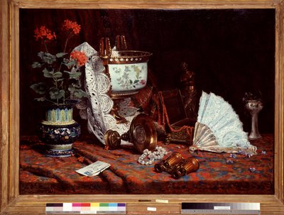 Stilleben har ventilatorbordet dækket med en vase, potte med geranier, kikkert. Maleri af Jean Baptiste Olive (1848-1936) 20. århundrede søn. 85x115 cm Obligatorisk omtale: Collection fondation regards de provence, Marseille af Jean Baptiste Olive