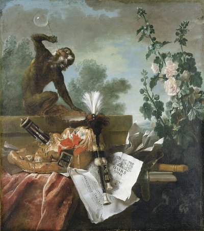 An Allegory of Air: et musikalsk stilleben med en abe, der blæser bobler, en musette, en fløjte og partiturer af Jean Baptiste Oudry
