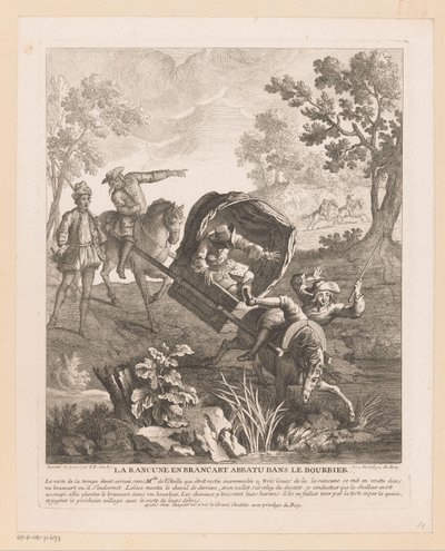 Transportør med heste falder i vandet La Rancune en brancart abbatu dans le bourbier (titel på objekt) Scener fra Scarrons Roman Comique (serietitel) af Jean Baptiste Oudry