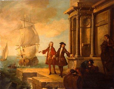 Europa - Europæiske købmænd med stevedorer, der håndterer en tønde og en balle på en kaj, 1724 af Jean Baptiste Oudry