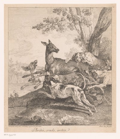 Hjorte angrebet af jagthunde Arrêtés, grusomme, arrêtez (...) (titel på objekt) Jagtscener (serietitel) af Jean Baptiste Oudry