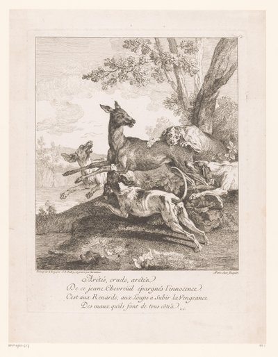 Hjorte angrebet af jagthunde Arrêtés, grusomme, arrêtez (...) (titel på objekt) Jagtscener (serietitel) af Jean Baptiste Oudry