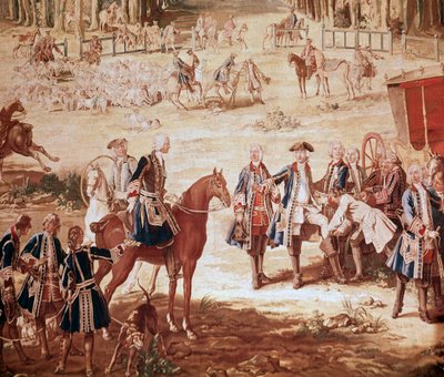 Jagt på Ludvig XV Kong Ludvig XV på jagt i skoven i Compiegne (Jagten på Ludvig XV - Tapestry) starten på pakken Detalje - Gobelin af Jean Baptiste Oudry (1686-1755) af Jean Baptiste Oudry