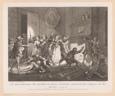 Interiør med gruppe vechtende mennesker Fornyelse af kampen, hvor to tjenere får lussinger på balderne (titel på objekt) Scener fra Roman Comique van Scarron (serietitel) af Jean Baptiste Oudry