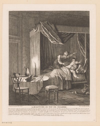 Mennesket er forskrækket vågent af kammerpotten, der bliver tømt over ham Lavanture du pot de chambre (titel på objekt) Scener fra Scarrons Roman Comique (serietitel) af Jean Baptiste Oudry