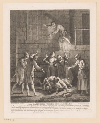 Man valt overop en geit La Rapinière falder på geden (titel på objektet) Scener fra Roman Comique van Scarron (serietitel) af Jean Baptiste Oudry