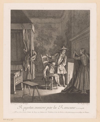 Ragotin drukket på en stol ved bålet Ragotin ennivré par la rancune (titel på objekt) Scener fra Scarrons Roman Comique (serietitel) af Jean Baptiste Oudry