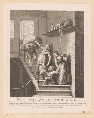 Ragotin mødte to damer i en fælde Dårlig succes, som Ragotins høflighed havde (titel på objekt) Scener fra Roman Comique van Scarron (serietitel) af Jean Baptiste Oudry