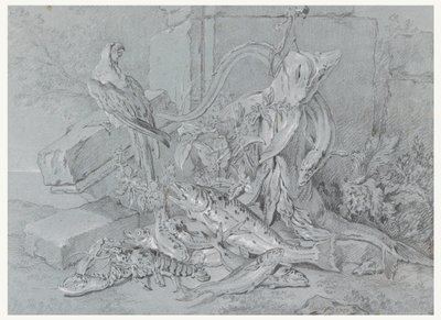 Stilleben med fisk og papegøje af Jean Baptiste Oudry