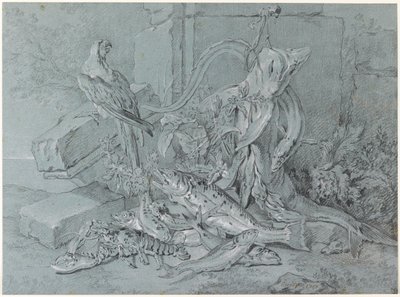 Stilleben med fisk og papegøje af Jean Baptiste Oudry