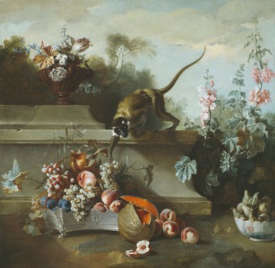 Stilleben med abe, frugter og blomster, 1724 af Jean Baptiste Oudry