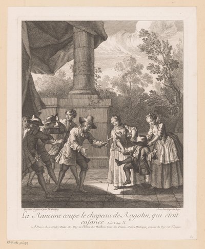 Wrok knipt af hoed van Ragotin La Rancune skærer Ragotins hat af (titel på objekt) Scener fra Roman Comique van Scarron (serietitel) af Jean Baptiste Oudry