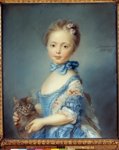 Portræt af den unge pige med en kat Pastelmaleri af Jean-Baptiste Perroneau (Jean Baptiste Perronneau) (1715-1783) af Jean Baptiste Perronneau
