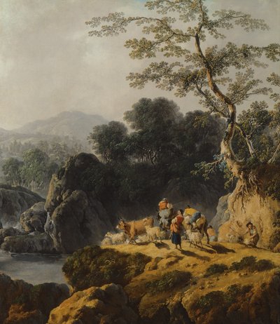 Et floddalslandskab med hyrder og rejsende af Jean Baptiste Pillement