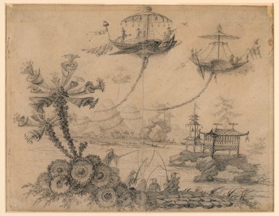 Tegning, Chinoiserie-fantasi, 1770-90 af Jean Baptiste Pillement