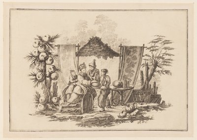 Figurer med en squash, fra "Ny notesbog med seks ark med forskellige historiske kinesiske emner" af Jean Baptiste Pillement