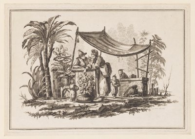 Figurer med en vase med blomster, fra "Ny notesbog med seks ark med forskellige historiske kinesiske emner" af Jean Baptiste Pillement