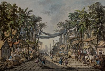 Markedsscene i en imaginær orientalsk havn, ca. 1764 (olie på lærred) af Jean Baptiste Pillement