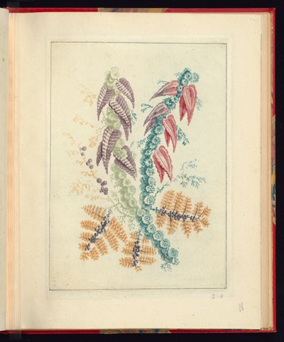 Ornamental design med trekantede lilla og røde blade, fra New Suite of Natural Flower Notebooks for the Use of Draughters and Malers, No.1 af Jean Baptiste Pillement
