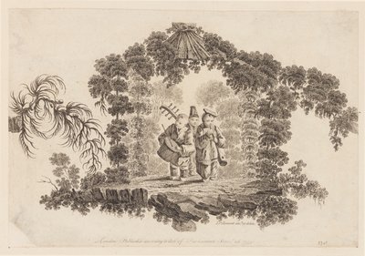 Tre figurer, der spiller på musikinstrumenter, fra "Samling af flere kinesiske børnespil" af Jean Baptiste Pillement