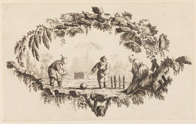 Tre figurer, der leger med en bold, fra "Samling af flere kinesiske børns spil" af Jean Baptiste Pillement