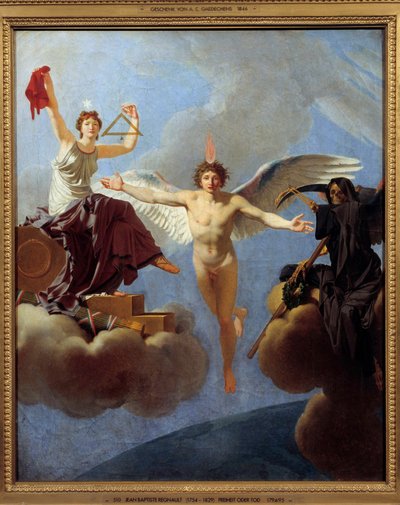 La Liberte ou la Mort Allegorie de la Liberte til venstre, dækket af Diademe de la Reason, arv fra Siecle des Lumieres. Med venstre hånd svinger hun torvet og blytråden, der symboliserer lighed i medborgerskab. Det inkarnerer værdierne af t af Jean Baptiste Regnault