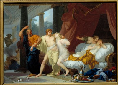 Sokrates trækker Alcibiade ud af voluptens skød Filosoffen Sokrates træner sin discipel Alcibiade (450-404 f.Kr.) væk fra fortabelsens steder. Maleri af Jean Baptiste Regnault (1754-1829) 1791 søn. 0,46x0,63 m af Jean Baptiste Regnault