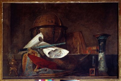 Allegori af videnskab Stilleben, globus, geografiske kort, bøger og vase. Maleri af Jean Baptiste Simeon Chardin (1699-1779) Paris fra det 18. århundrede, Musee Jacquemart Andre af Jean Baptiste Simeon Chardin