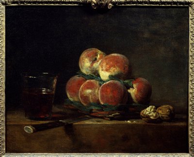 Kurv med peches med nødder, kniv og glas vin Maleri af Jean Baptiste Simeon Chardin (1699-1779) 1768 Dim. 0,32x0,39 m Paris, Musée du Louvre af Jean Baptiste Simeon Chardin