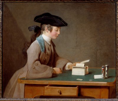 Korthuset eller lyden af ​​Monsieur Le Noir Maleri af Jean Baptiste Simeon Chardin (1699-1779) 1737 Søn. 0,6x0,71 m London, nationalgalleriet - The House of cards (eller Mister Noirs søn) - Maleri af Jean Baptiste Simeon Chardin (1699-1779), olie på af Jean Baptiste Simeon Chardin